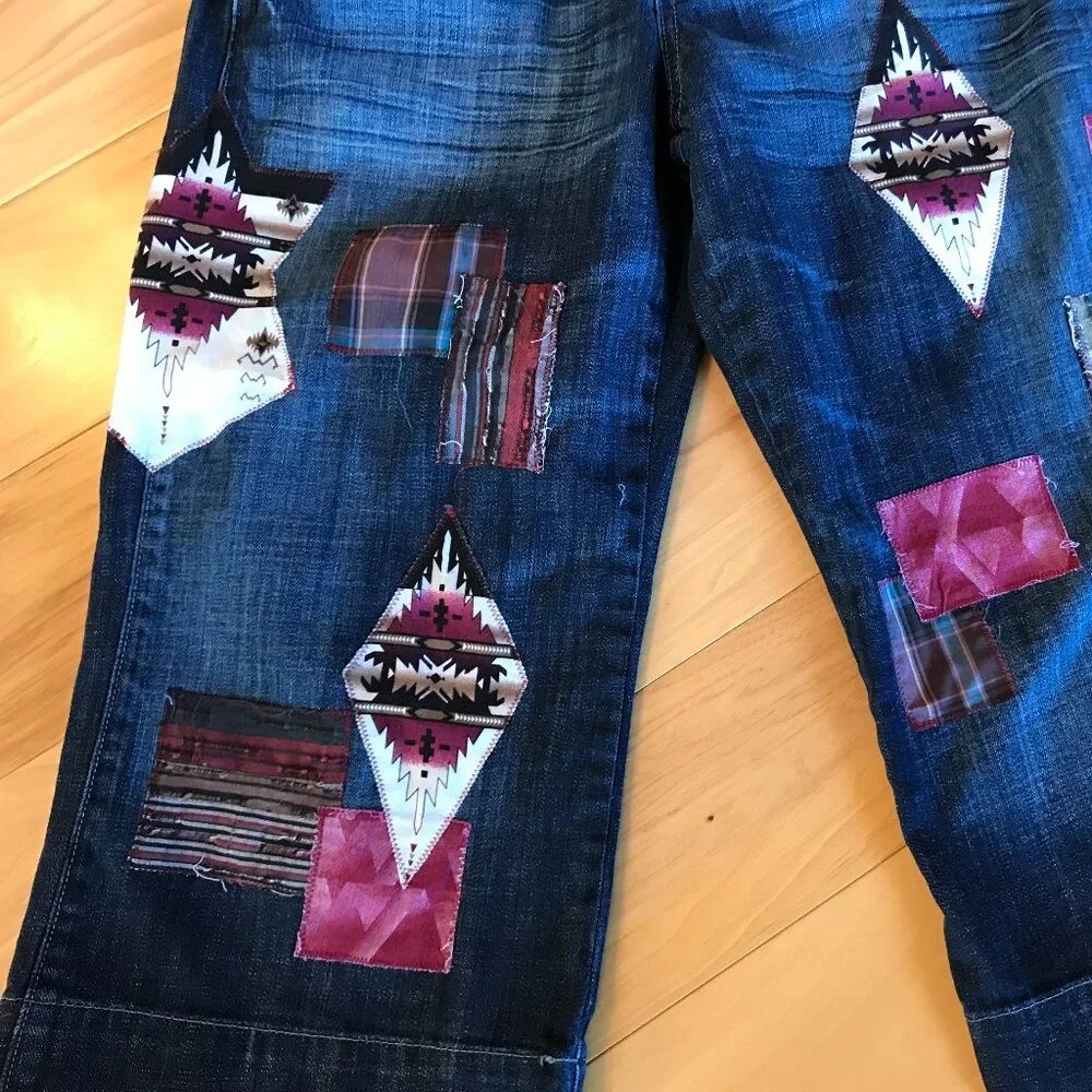 Upcycled Southwest Aztec Patchwork Denim Capris Western Gauchos Size 7-8